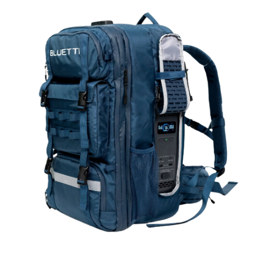 Bluetti Handsfree 2 inside 60L backpack with waterproof flap open