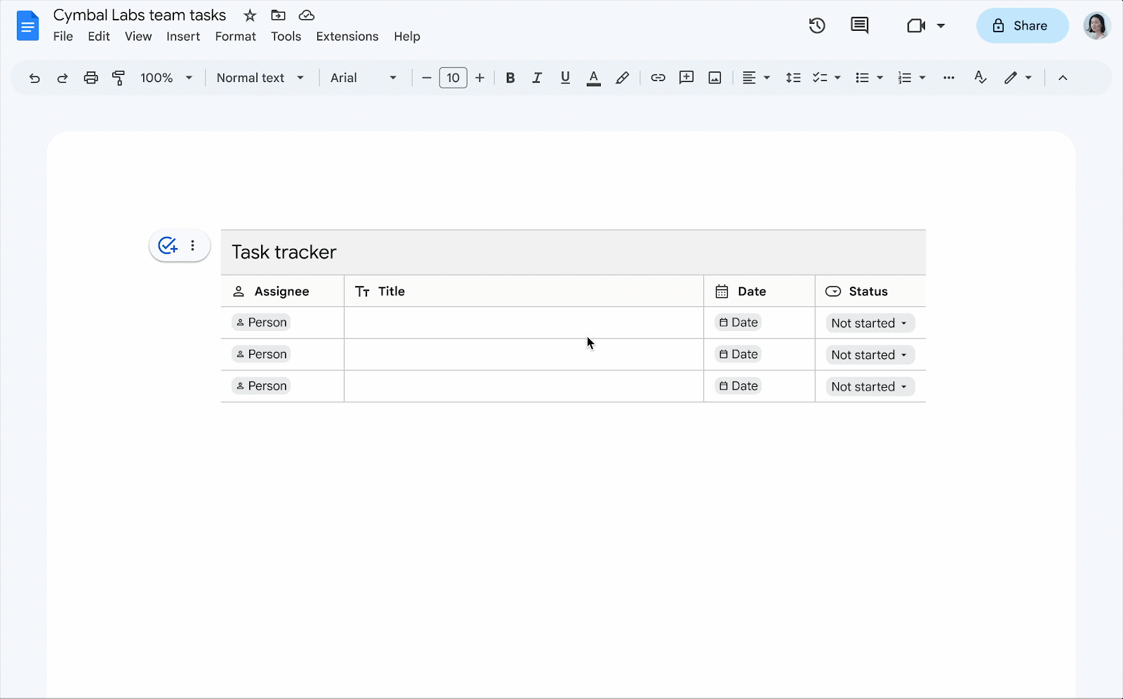 Task tracker building block in Google Docs