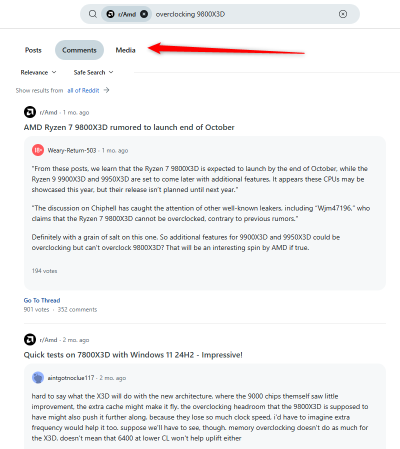 A Reddit search for "overclocking 9800X3D" on the AMD subreddit, with comments set as the category for search results.