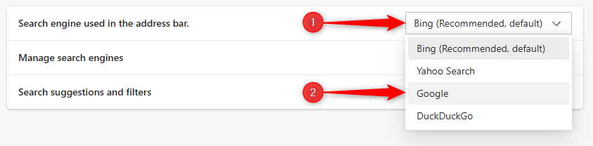 Changing the default search engine in Edge.