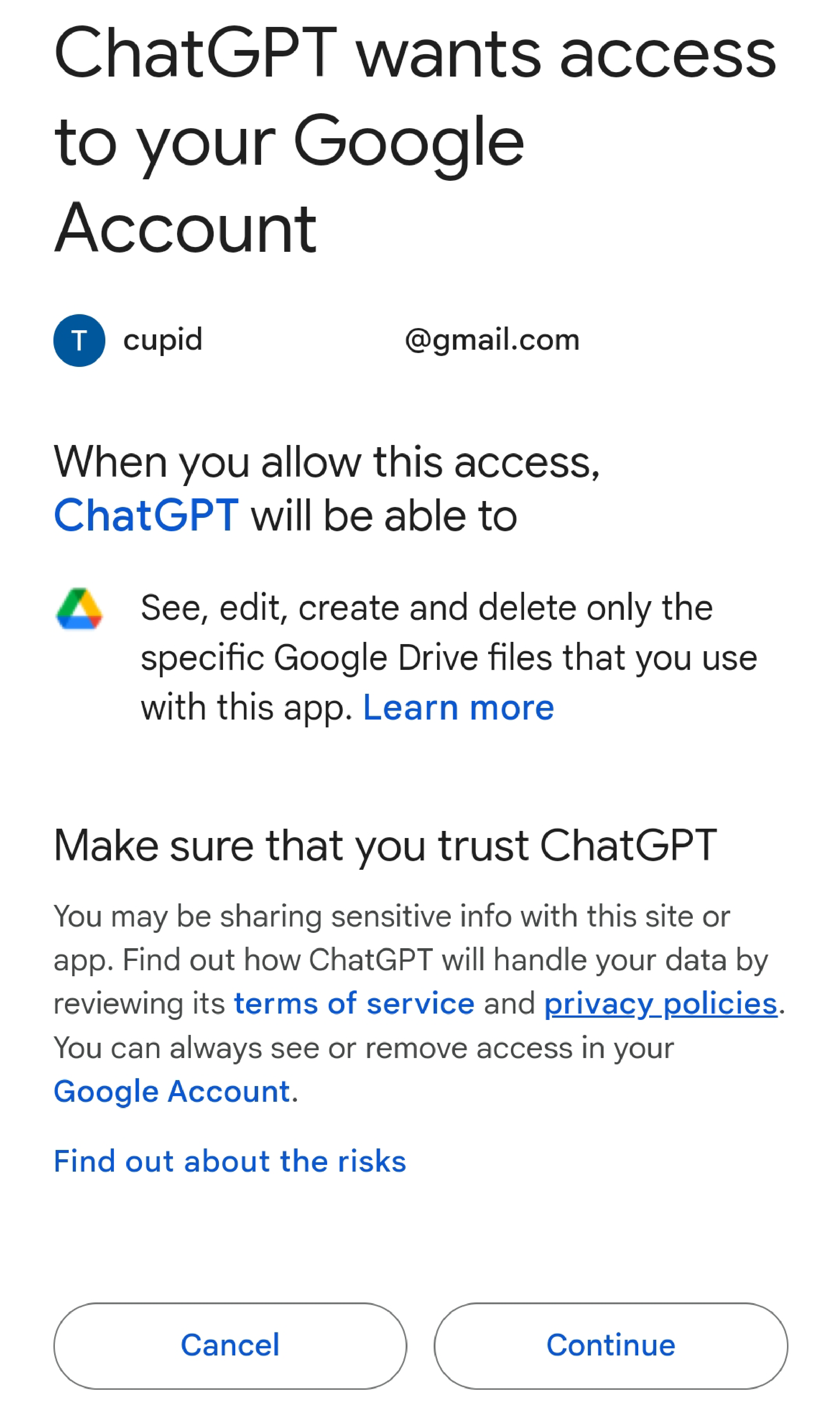 The Google permissions page for granting access to ChatGPT