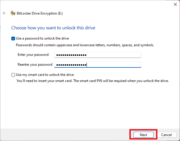 Choosing a BitLocker password.