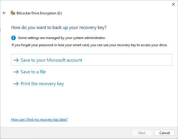 Choosing a Bitlocker recovery key method.