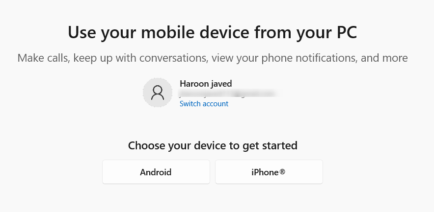 Choosing a device to connect through Phone Link.