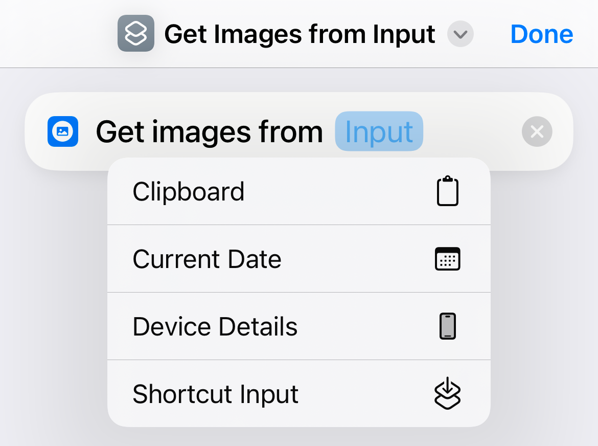 Choosing 'Shorcut Input' in a new Shortcuts workflow.