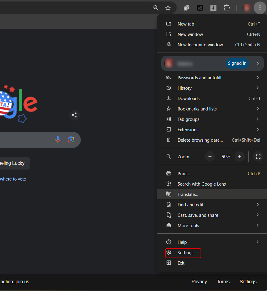 Chrome Settings being accessed from the three-dot menu.