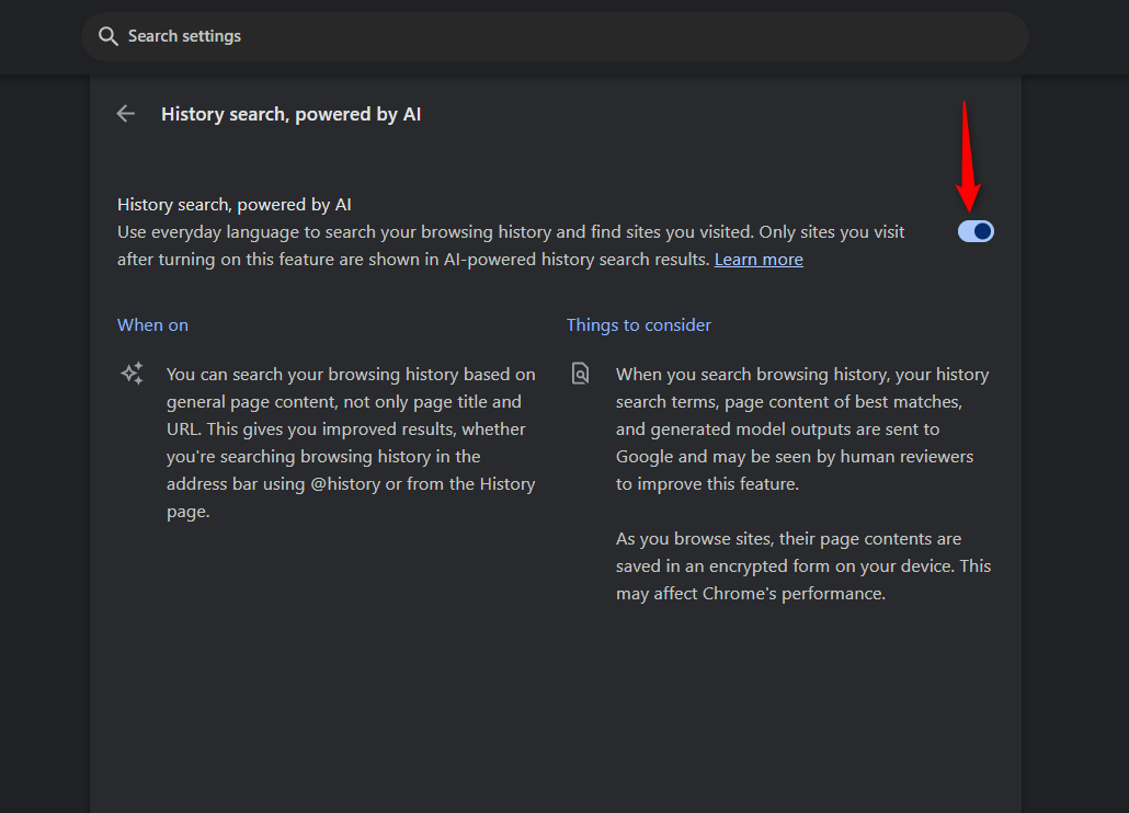 Arrow pointing to AI history search feature being turned on, on Google Chrome.
