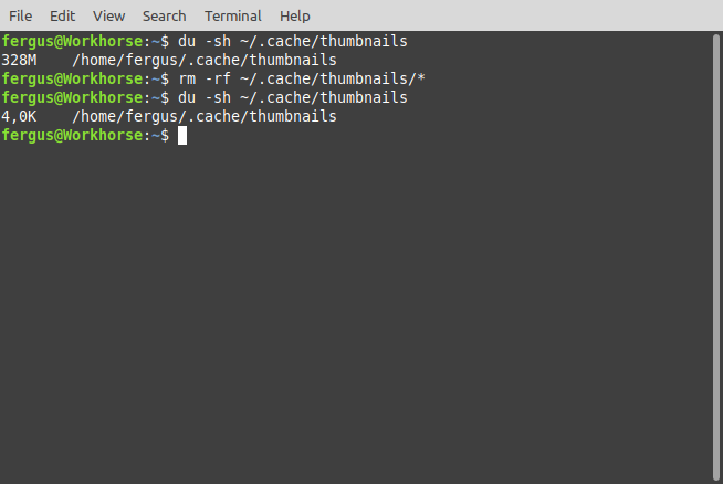 Picture of the terminal output when clearing Ubuntu thumbnails.