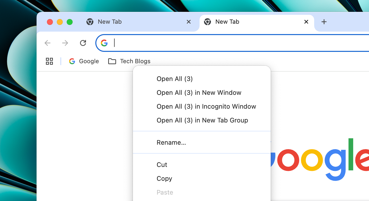 Right-clicking a folder of bookmarks to reveal options for opening all of them in new tabs.