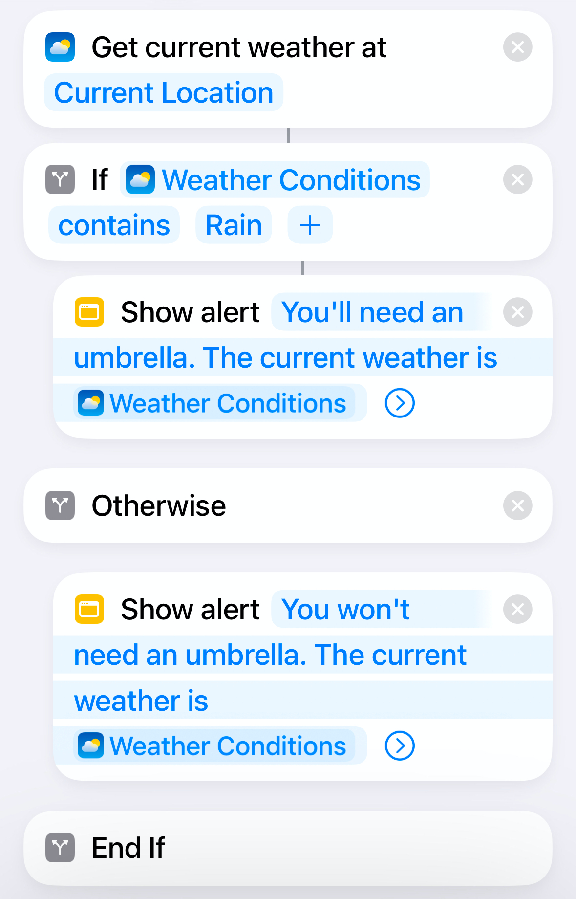 Completed Weather Alert shortcut with a single If action.