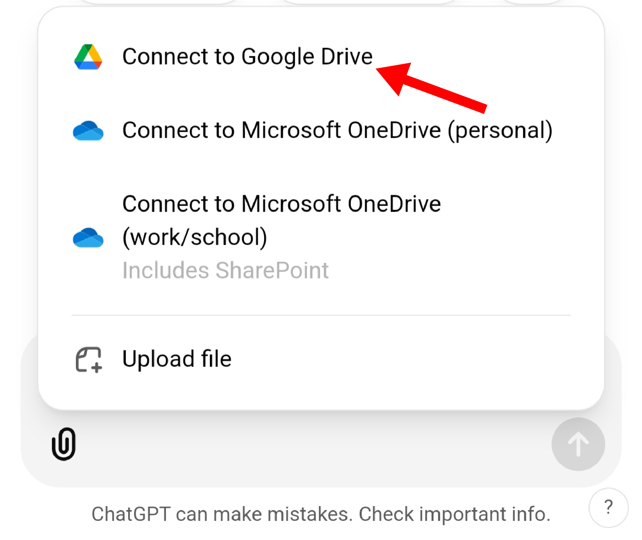 The 'Connect To Google Drive' option at the top of the attachment options.