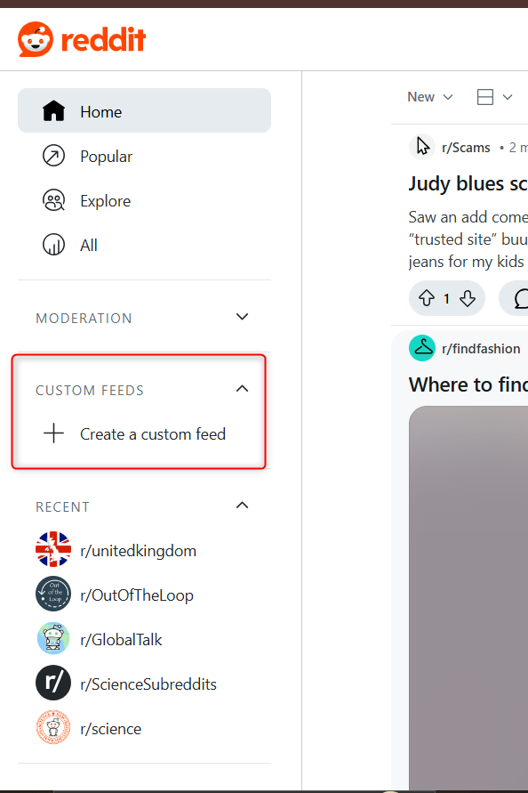 Highlighting create custom feed button on Reddit.