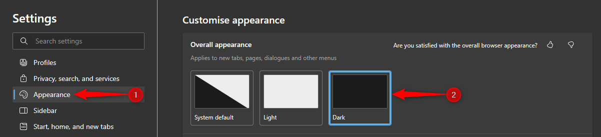 Customize Appearance options in Edge.