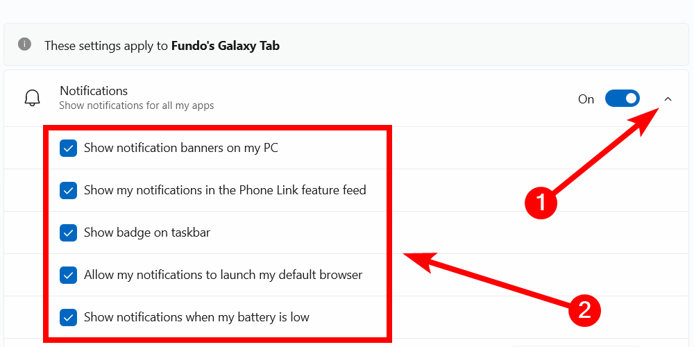 Customizing notifications in the Phone Link app on Windows.