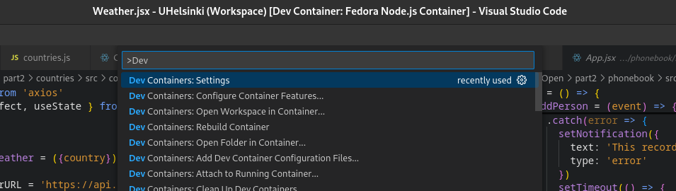 The VSCode command palette showing how to access dev container settings.