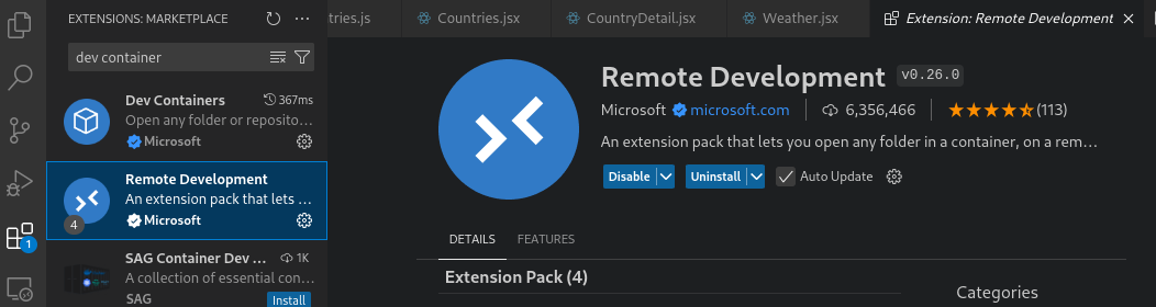 A screenshot of the VSCode container development extensions in the VSCode extension marketplace.