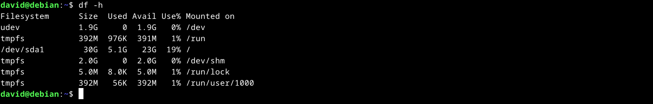 df-h command showing disk usage in the Linux termina.