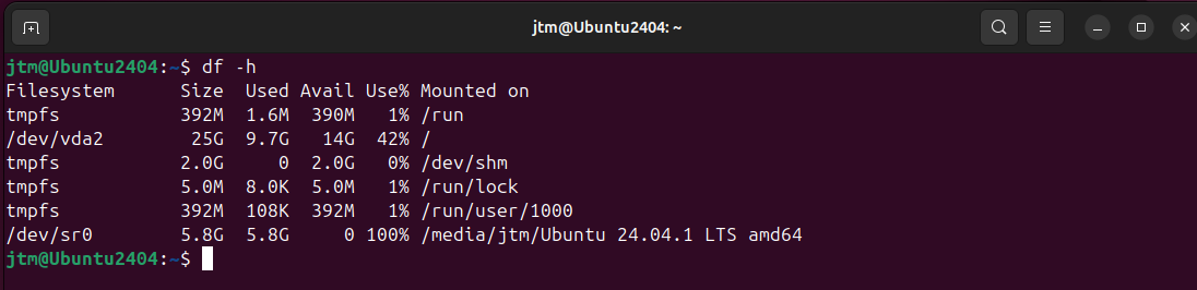 df disk free utility showing disk usage at an Ubuntu command line prompt.