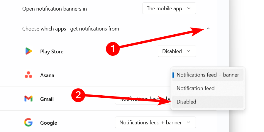 Disabling notification of an Android app in the Phone Link app on Windows.