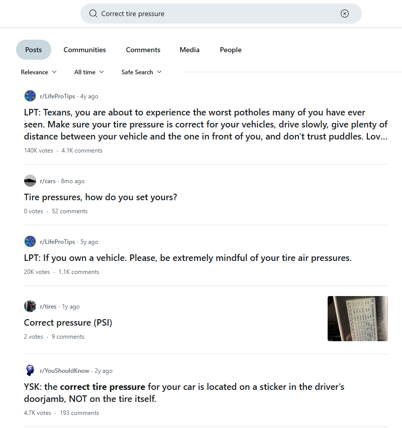 A Reddit search showing the results for "Correct tire pressure" across the whole website.