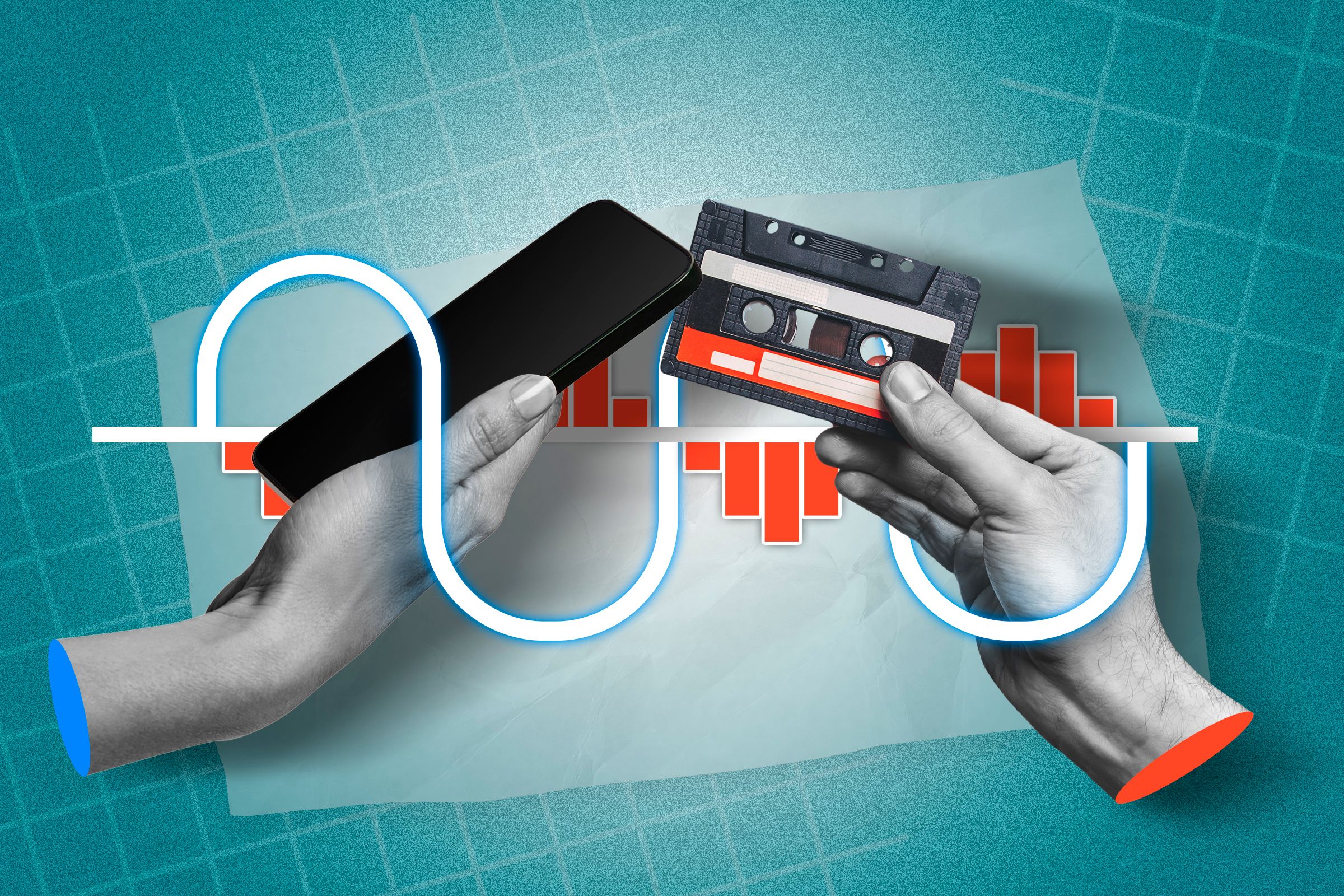 A hand holding a phone and another holding a cassette tape, with a background graph illustrating digital and analog sound waves.