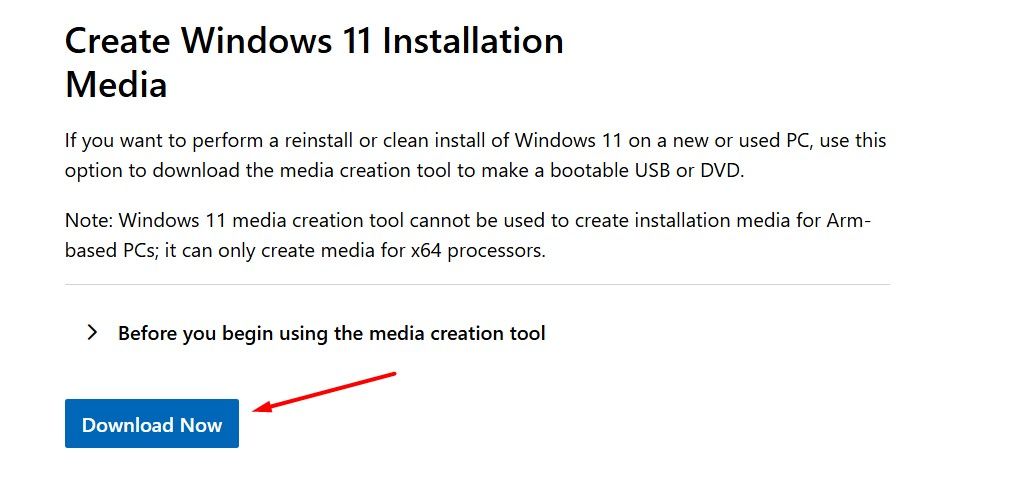 Download Now button in the Windows 11 download page.