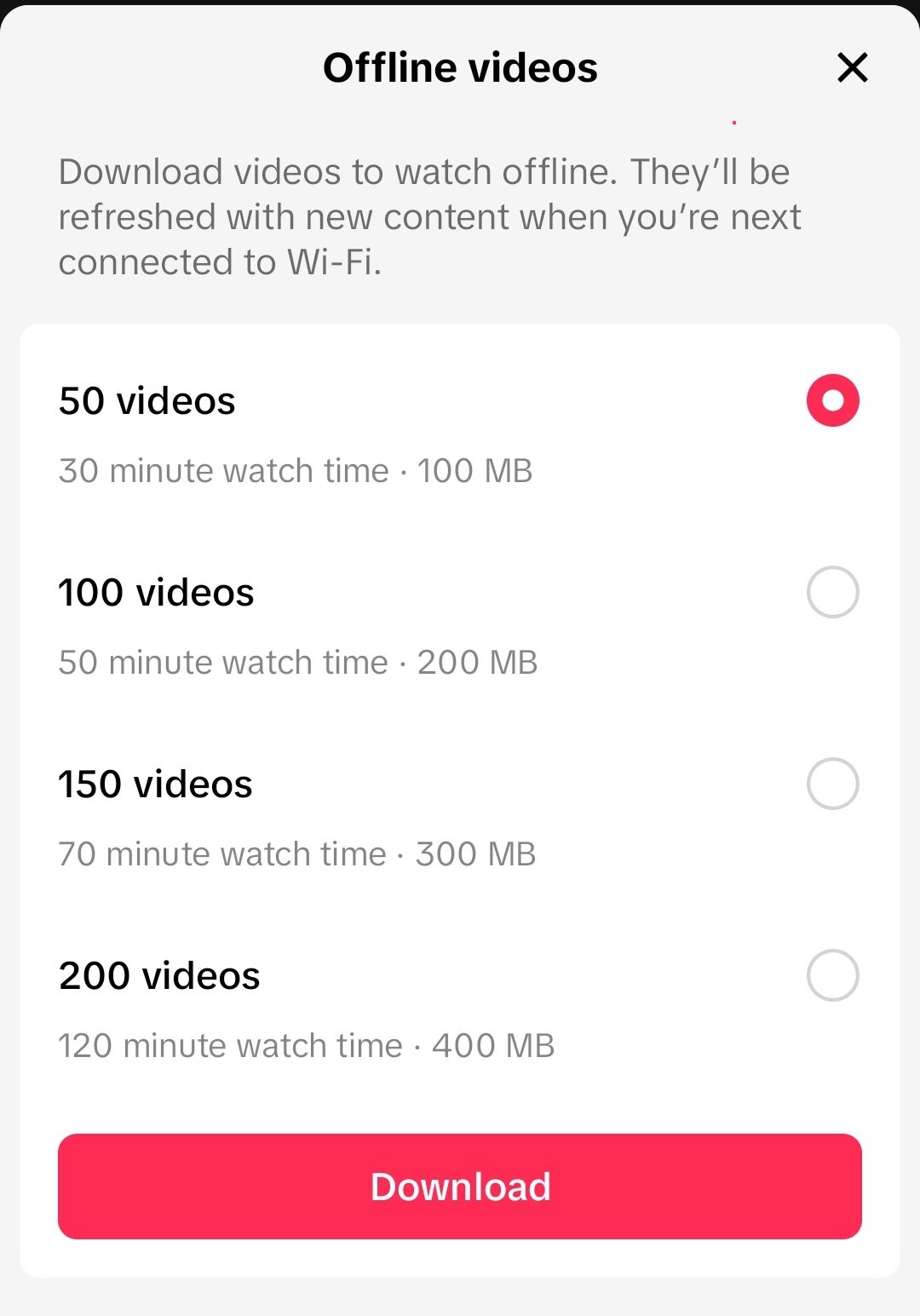 The video download options for TikTok offline videos