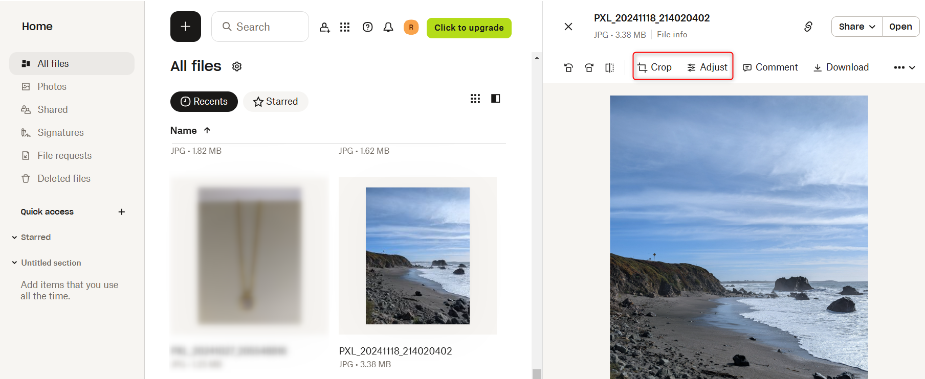 Crop or adjust features on Dropbox web for editing images.