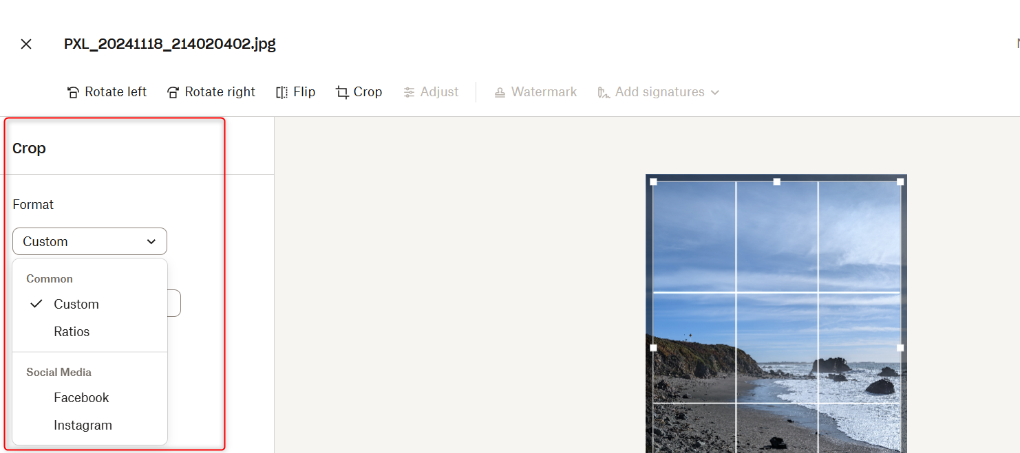 Custom crop and ratio option to crop images on Dropbox web.