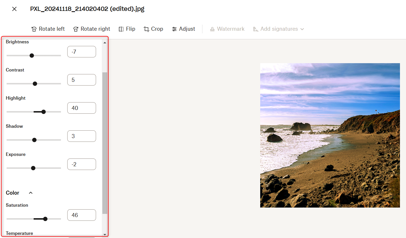 Light and color editing options on Dropbox web to edit images.