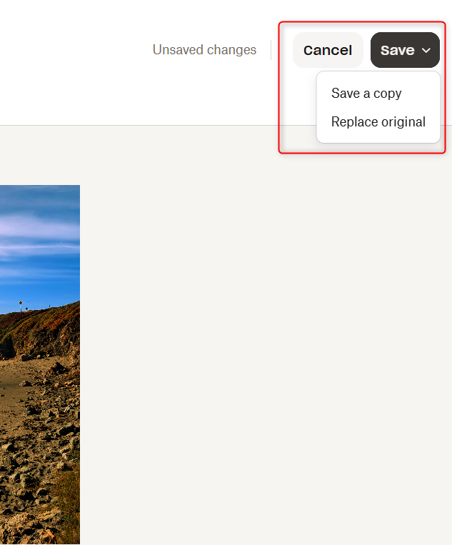 Saving changes to either save a copy or replace original after editing an image on Dropbox web.