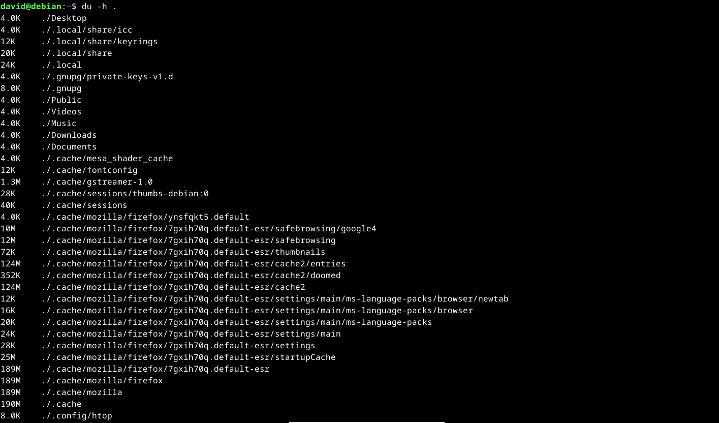 du -h output in the Linux terminal showing disk usage of files.