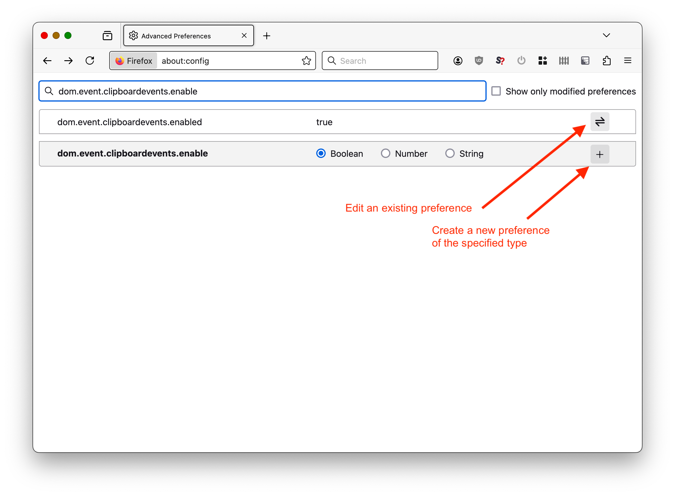 Editing and creating preferences in the Firefox configuration editor.