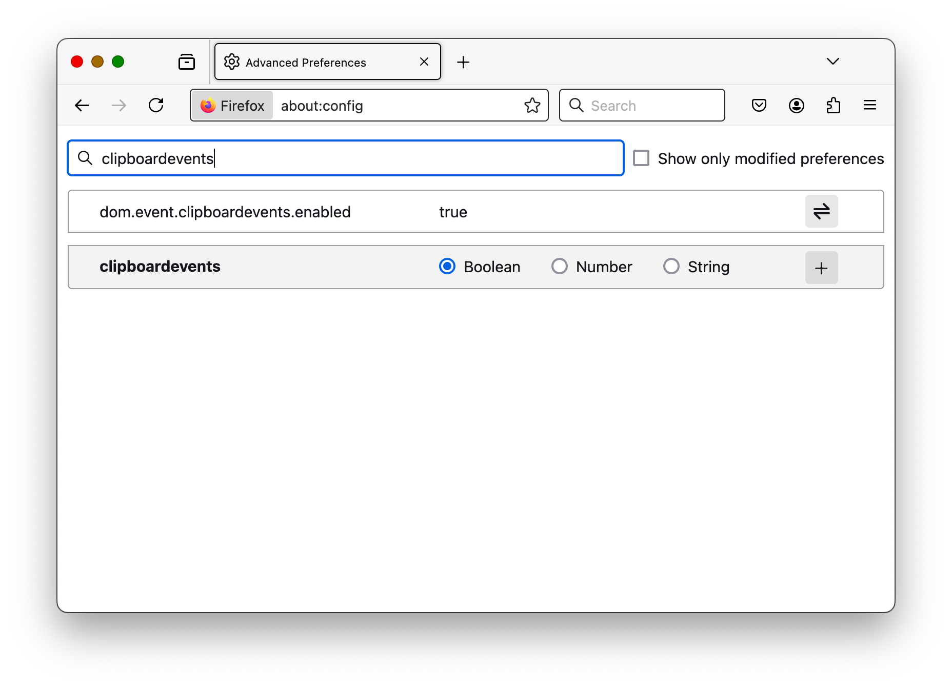 Editing preferences in the Firefox configuration editor.