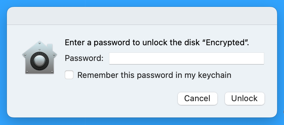 Encrypted APFS disk password prompt.