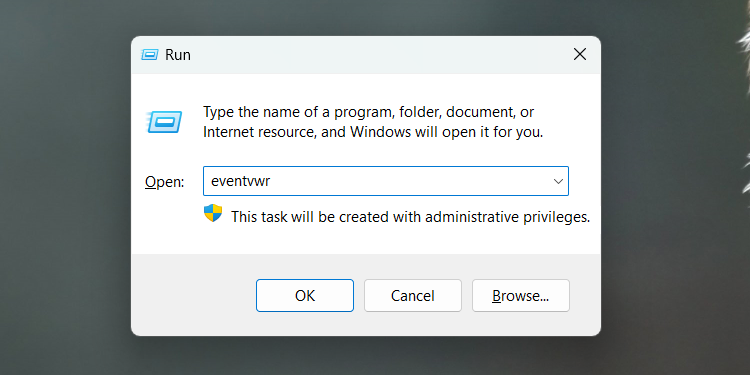 Opening the Event Viewer using the Run dialog box on Windows.