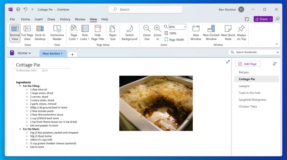 An example of a shared journal in OneNote, showing a recipe.