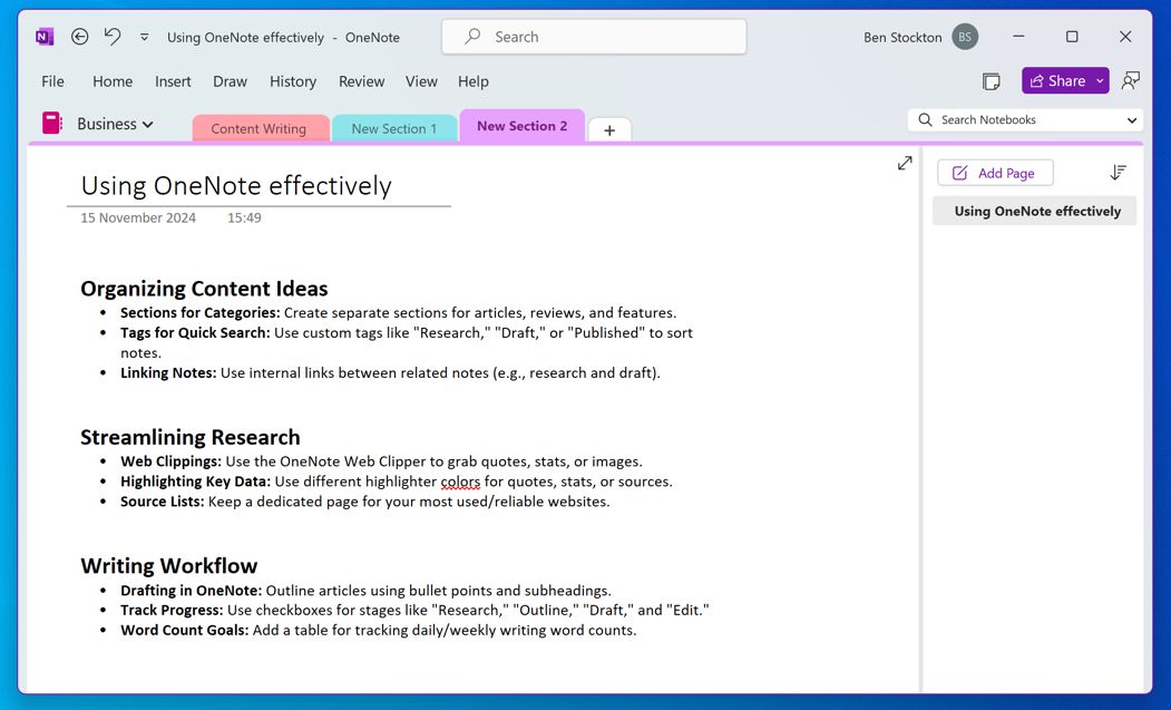 An example OneNote notebook.