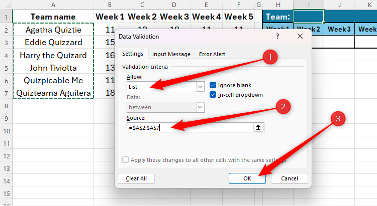 Excel's Data Validation dialog box, with List selected in the Allow field, and a range of cells identified as the source.