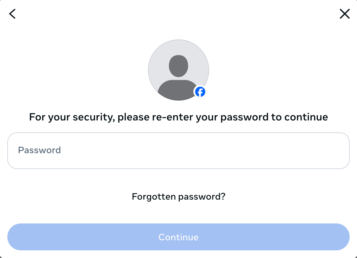 Facebook asking to enter account password as a security step.