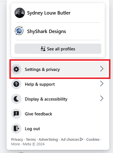 Facebook's settings and privacy option.