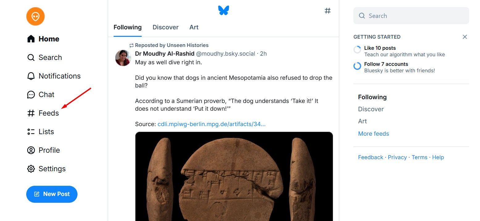 Feeds option in Bluesky.