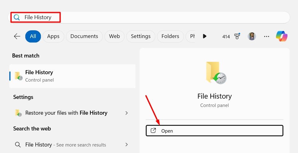 File History option in the Start Menu.