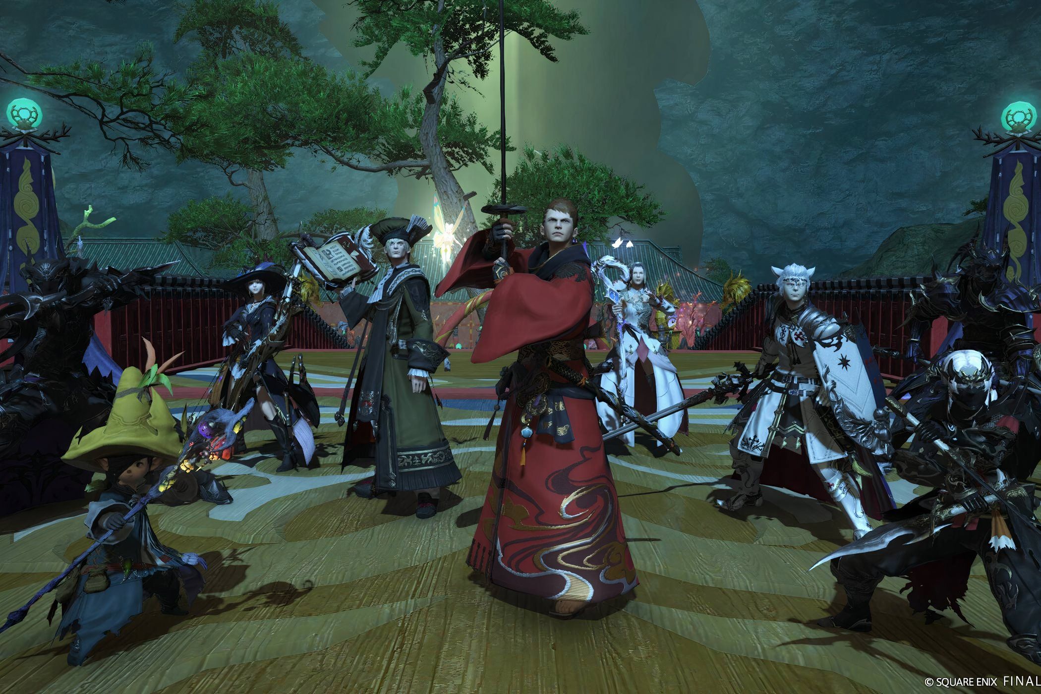 A group of players armed and looking forward ready to fight in Final Fantasy XIV.