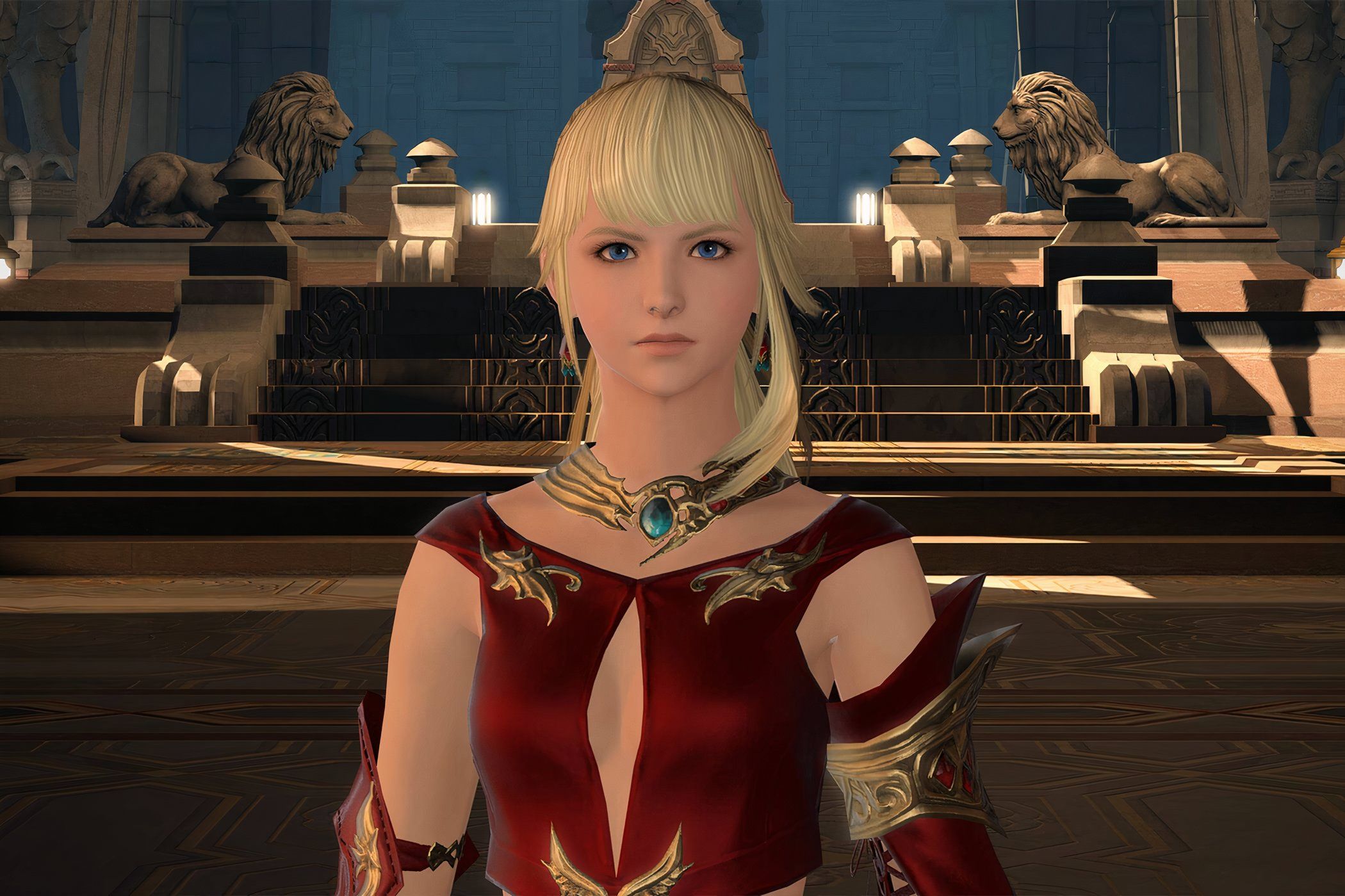 Final Fantasy XIV Online Woman with blonde hair looking at the screen.