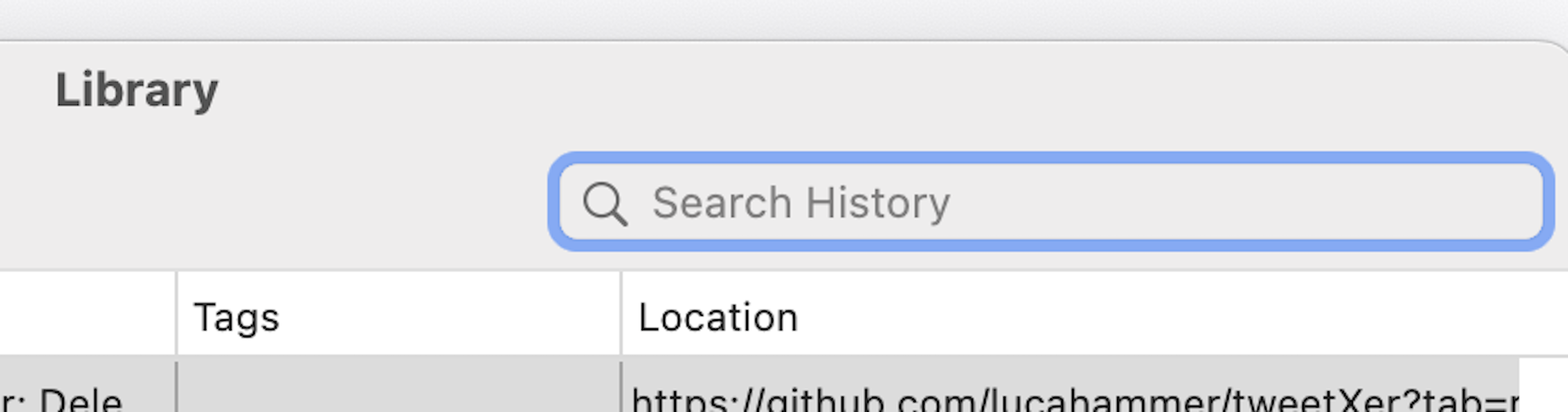 Selecting the Search History text field in Firefox's Library window.