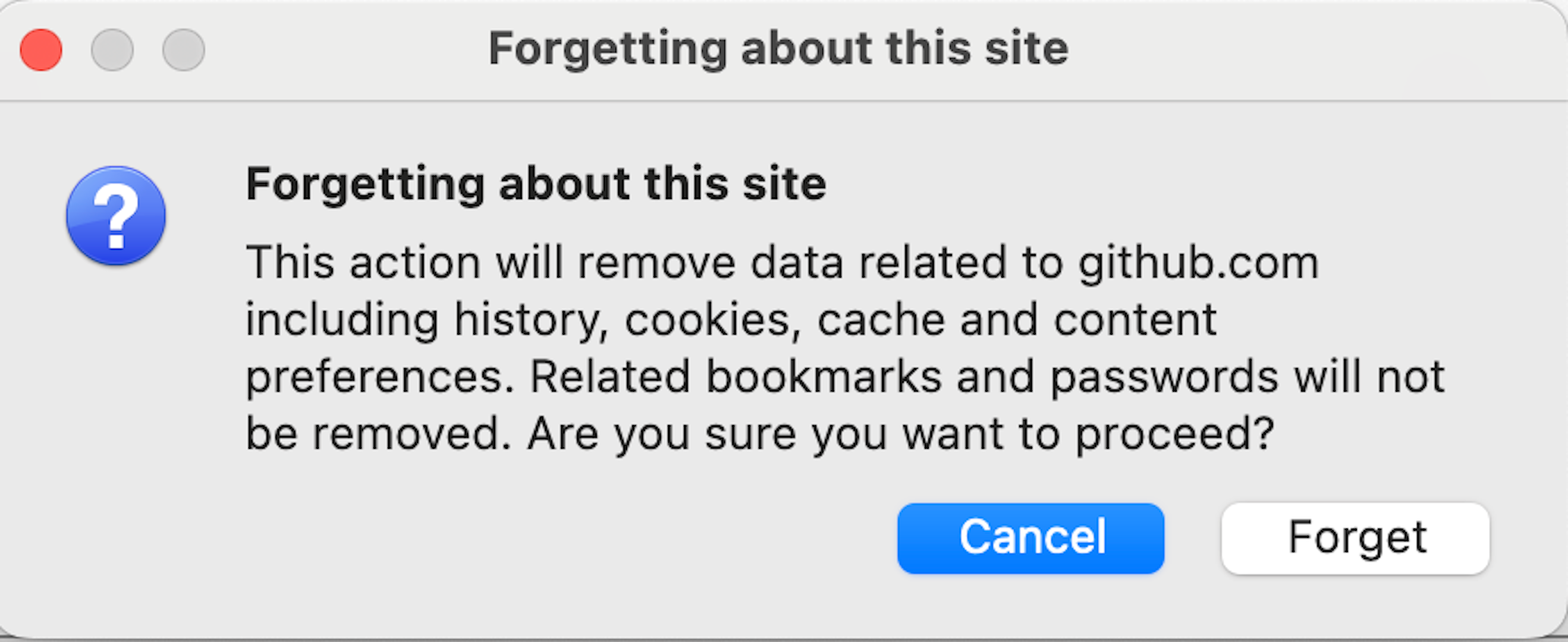 Firefox pop-up window asking for confirmation to forget a website's history.