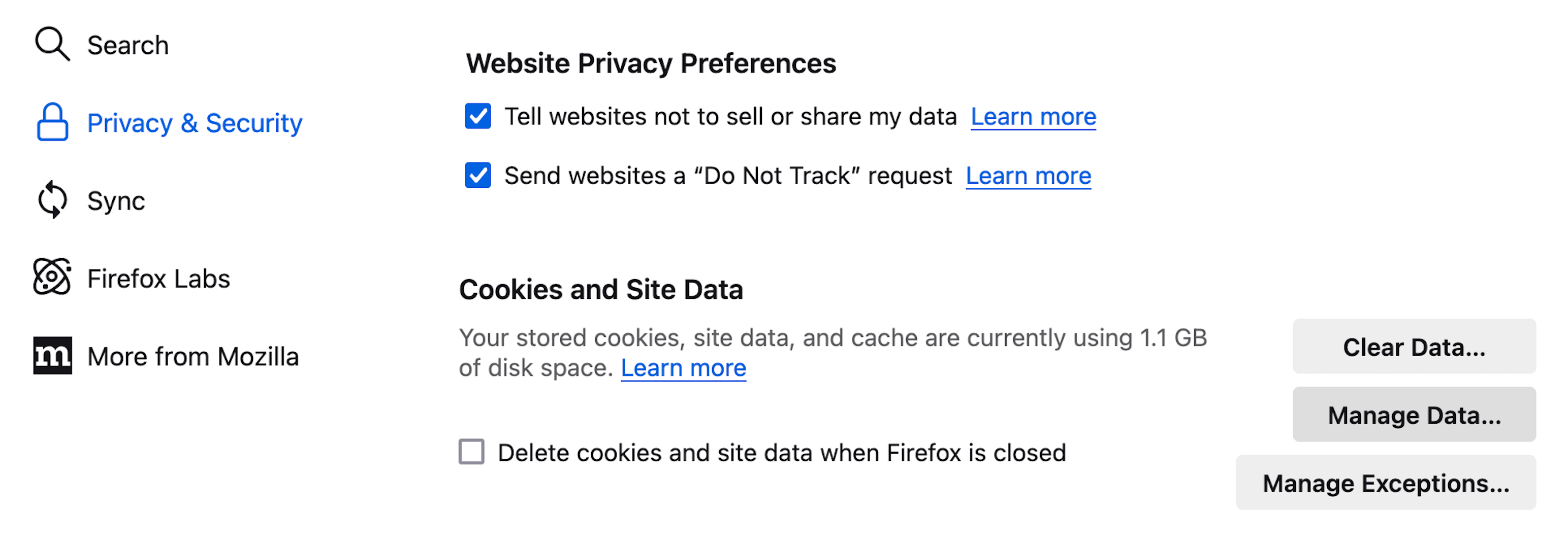 Selecting Manage Data from the Cookies section of FIrefox's Privacy & Security settings.