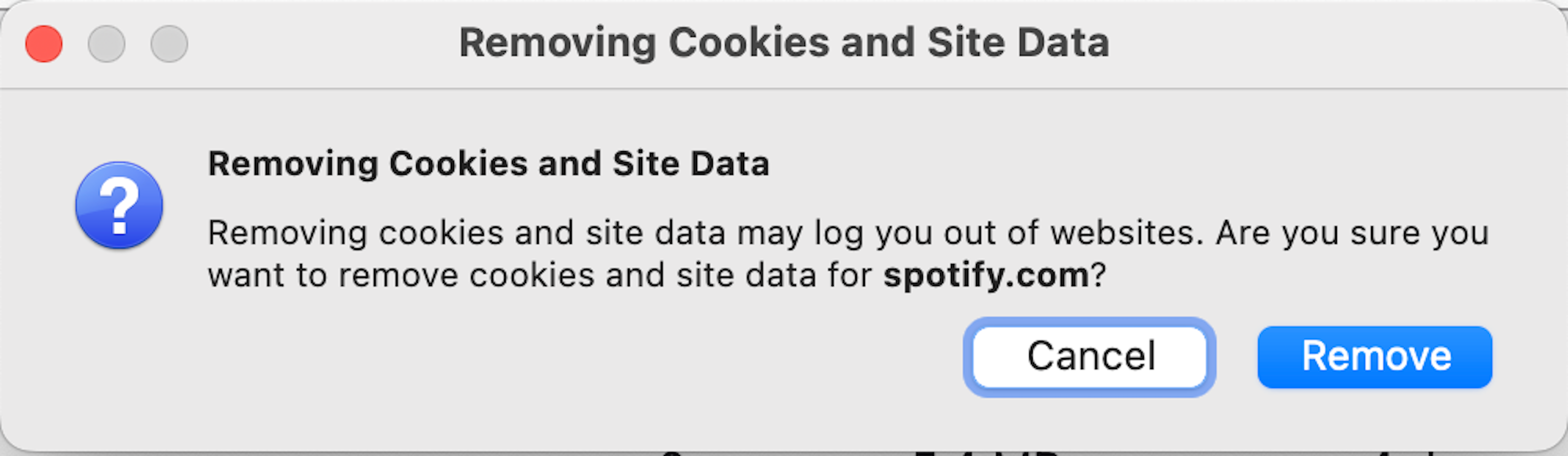 Firefox confirmation pop-up window to remove cookies and site data from specific websites.