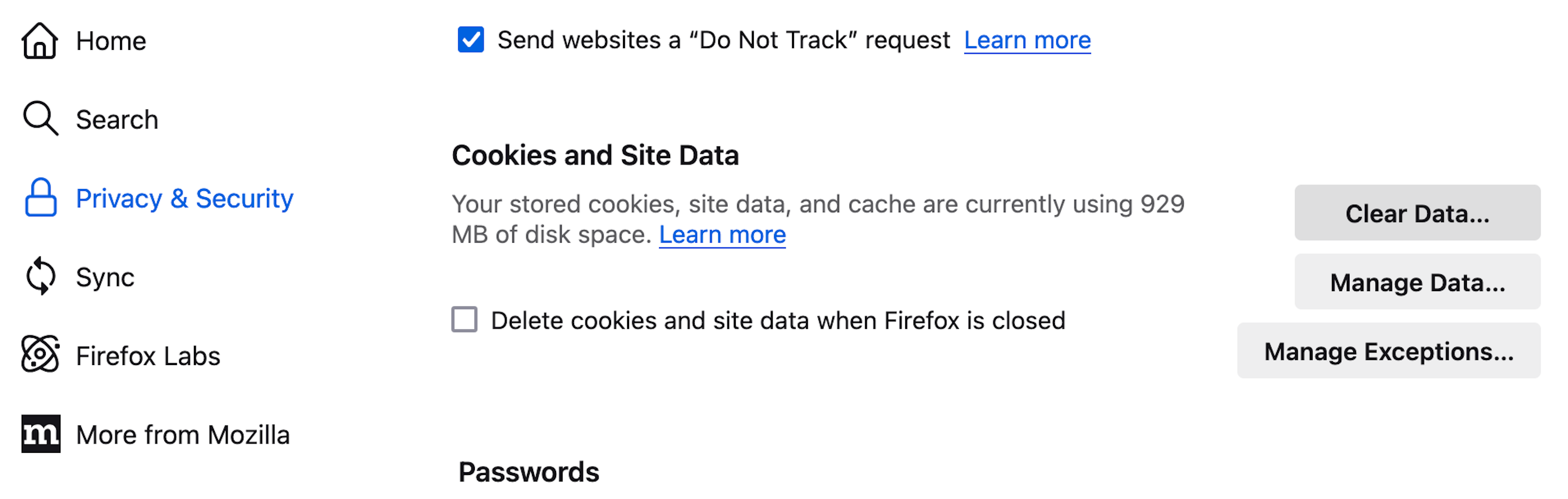 Selecting Clear Data from Firefox's Privacy & Security settings menu.